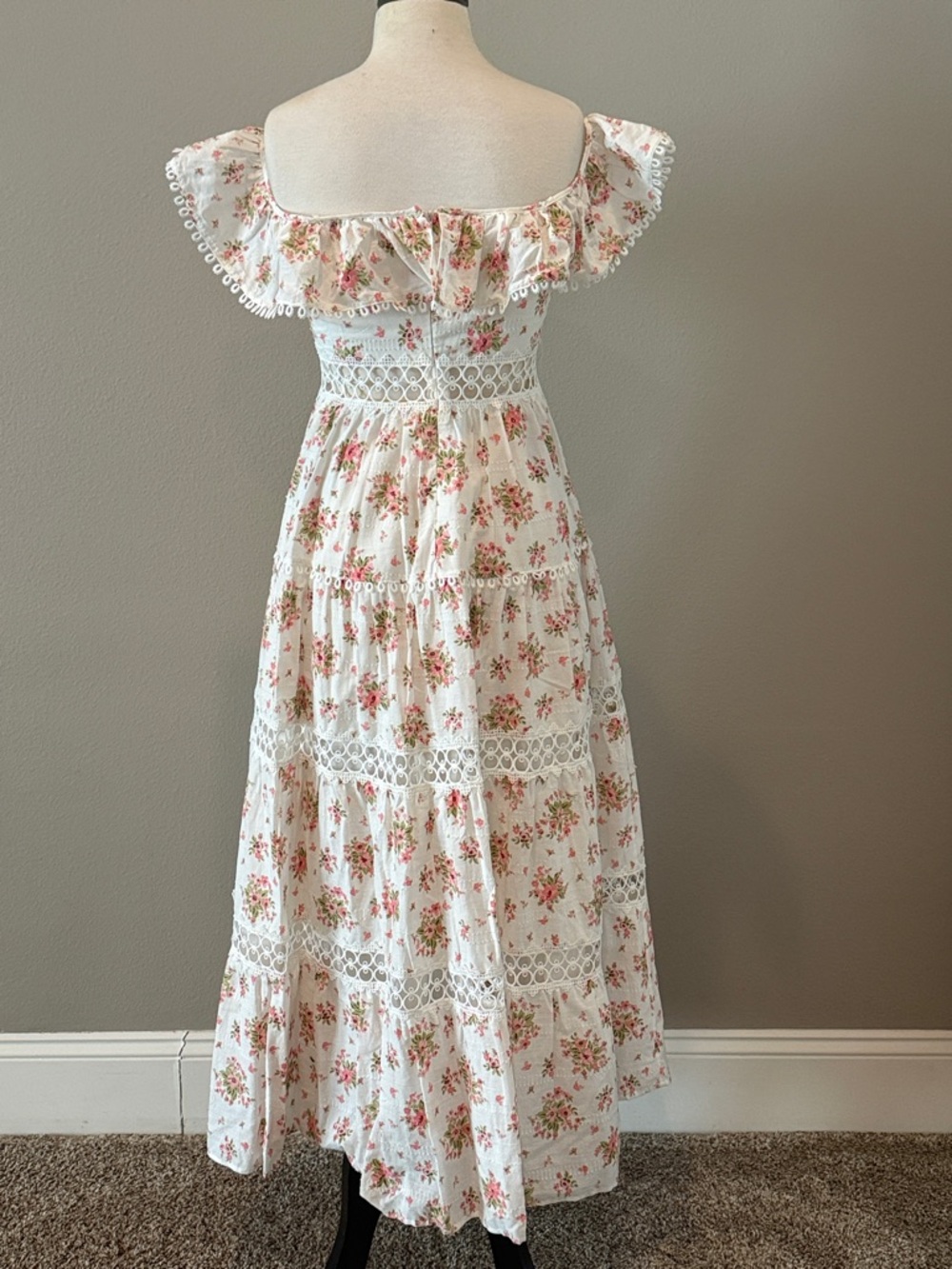 Floral Off-Shoulder Maxi Dress in White with Pink Roses - Picture 2 of 9